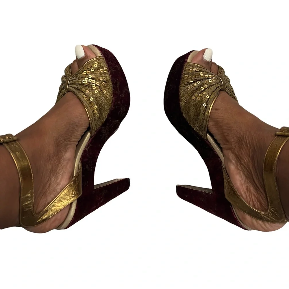 ELISA FERRARI Sequenced Platform Ankle Strap Heels Velvet Heel Detail Women’s 7